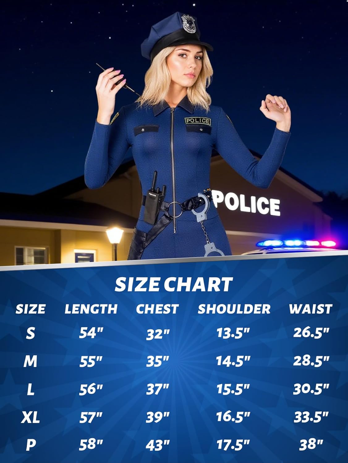 Women Large Police Costume,Cop Costume Outfit for Adult Police Officer Romper Costume Halloween Cosplay Party Events